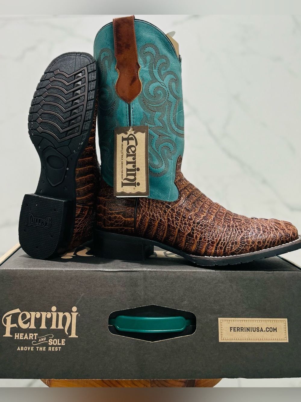 Ferrini Stampede Men’s Cowboy Boots 10.5D Brown Turquoise Square Toe NIB